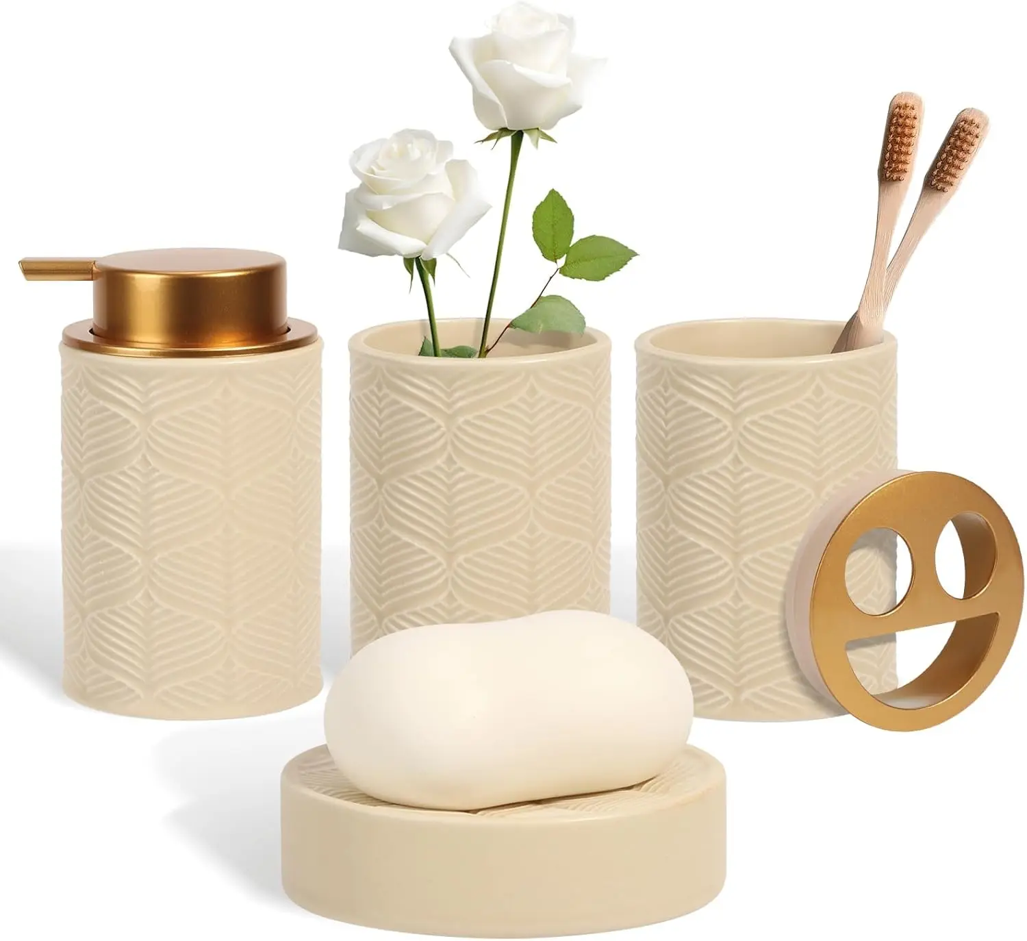 

4-Piece Ceramic Bathroom Set: Soap Dispenser, Toothbrush Holder, Tray & Tumbler in Beige Modern Decor