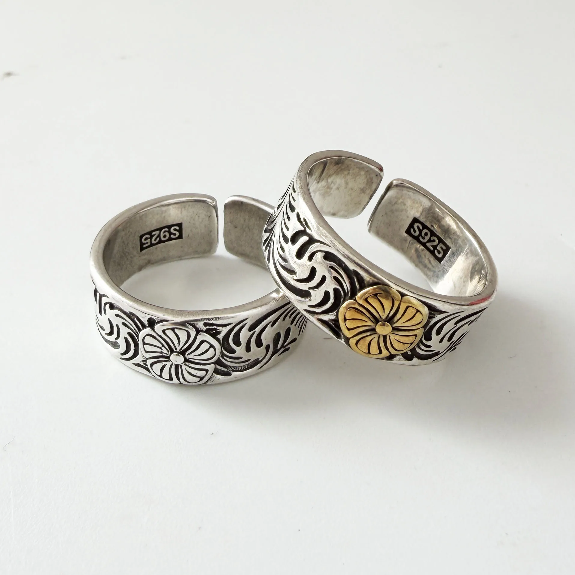 

925 Sterling Silver Rings For Women Geometric Fine Jewelry Finger Adjustable Vintage Yellow Flower Ring For Party Birthday Gift