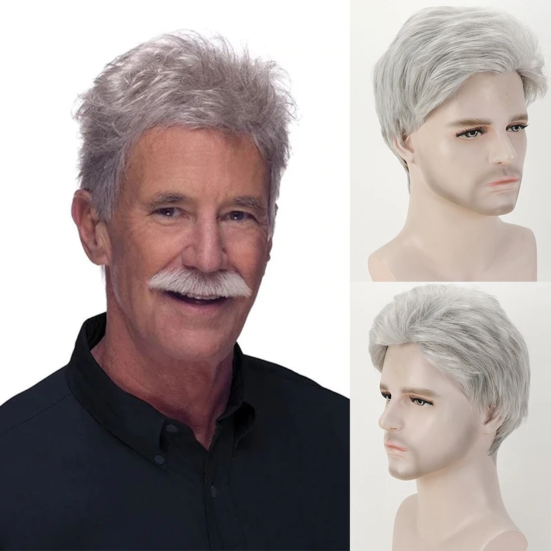 Grandpa\'s Wig Grey Short Hair Handsome Men\'s Wig Father Wigs Fashion Fluffy Short Synthetic Wigs for Daddy Cosplay Party Wigs