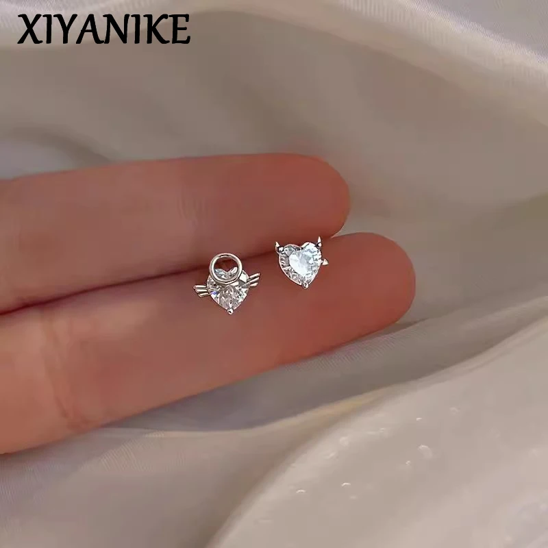 

XIYANIKE Sweet Romantic Asymmetry Zircon Heart Ear Stud Piercing Earrings For Women New Jewelry Valentine Day Gift Party Wedding