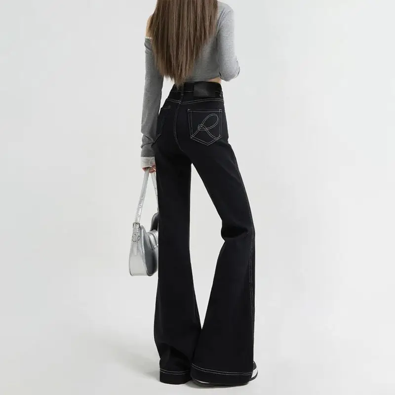 

Spring Autumn Black American Embroidered Trumpet Jeans for Women High Waist Flare Pants Slim Fit and Slimming Temperament Jeans