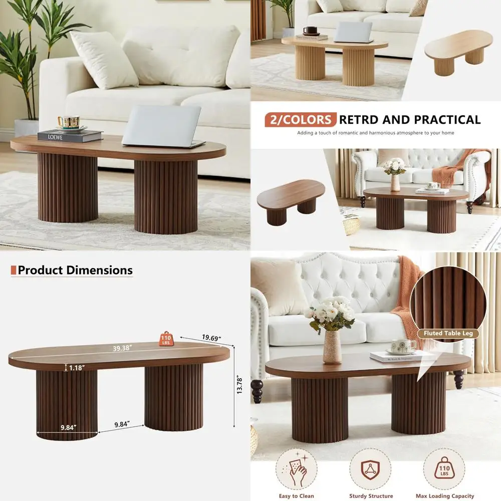 

Овальный рифленый журнальный столик в современном фермерском доме середины века для гостиной в стиле бохо