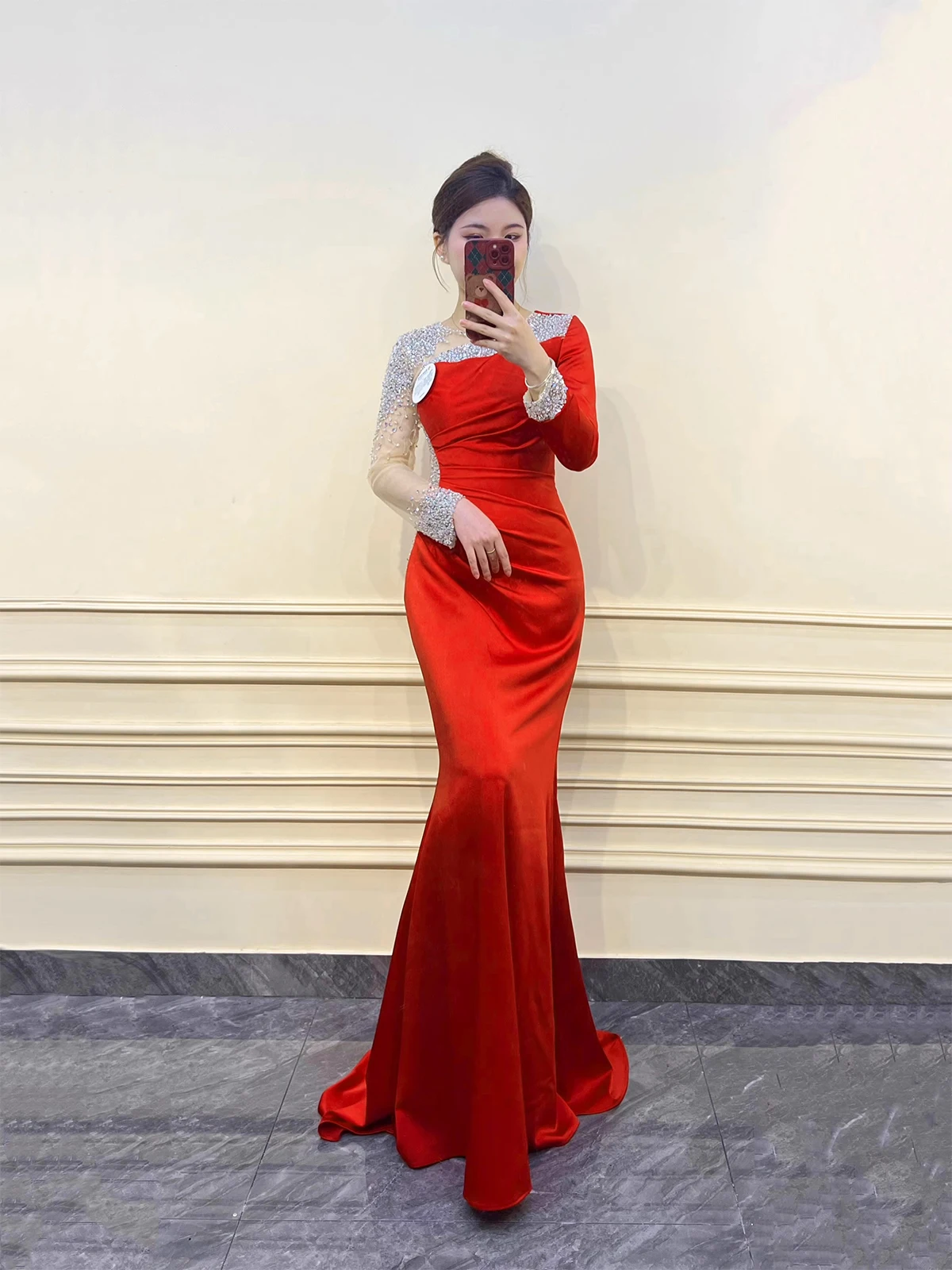 

Red Host Gown Sparkling High-End Simple Fi Tail Performance Suit Yearly Conference Solo Art Exam Ele Zipper Sle