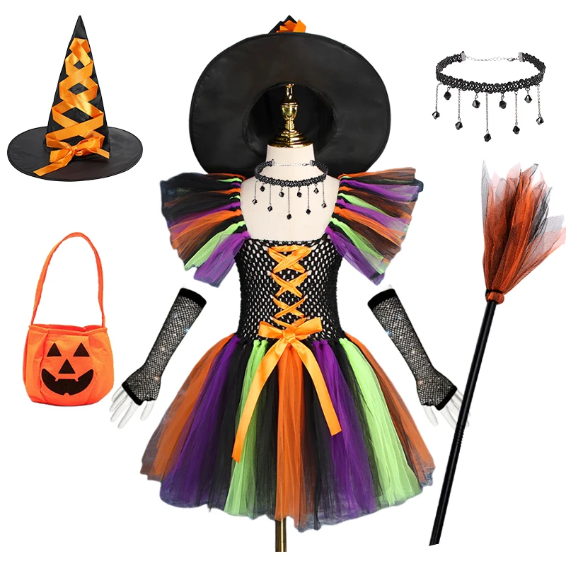 

Girl Witch Role-Playing Halloween Costume Colorful Woven Tutu Skirt Children's Stage Performance Costumes for 2-12 Years Old