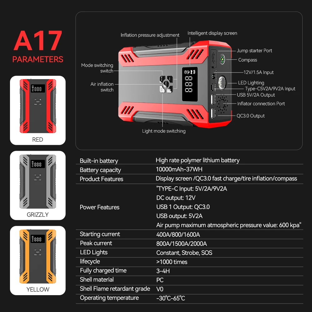 4 In 1 Car Jump Starter Air Compressor 150PSI 12V Portable Power Bank Tire Pump Emergency Battery Charger Tire Inflator Pump