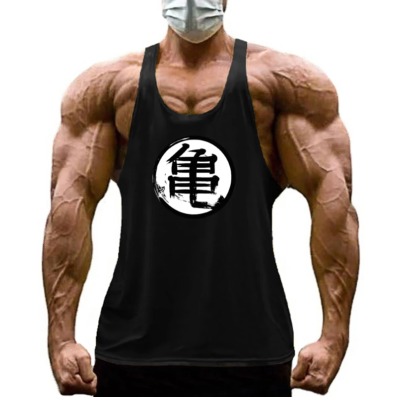 Japanese Anime Turtle Script Print Vests Gym Bodybuilding Muscle Sport Tank Tops Men Sleeveless Cotton Breathable Fitness Shirts