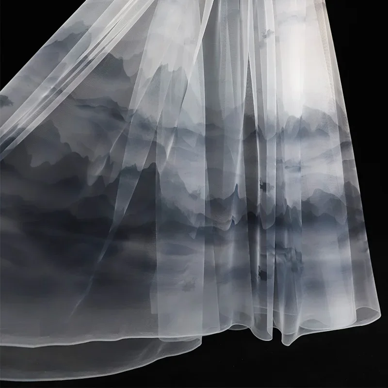 Chinese Style Gradient Mesh Tulle Fabric Printed By The Meter for Hanfu Skirt Veil Sewing Ink Wash Painting Cloth Black White