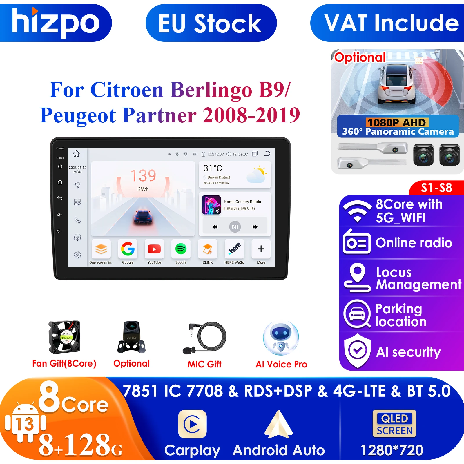 2din Android Car Radio Multimedia Video Player for Citroen Berlingo 2 B9 for Peugeot Partner 2008-2019 GPS Carplay Auto 4G RDS