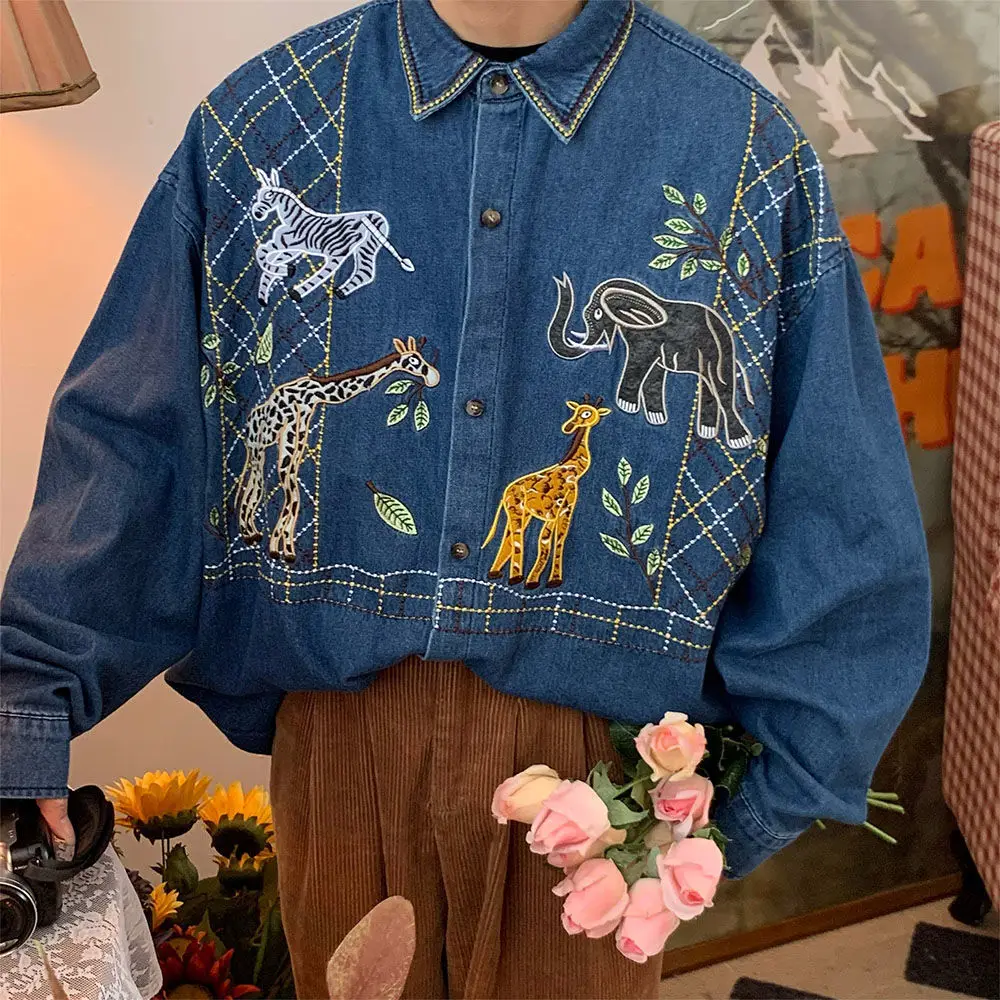 Retro Giraffe Embroidered Zoo Denim Shirt Men 2022 Autumn New Vintage Style Casual Long Sleeve Casual Shirt Women Top Punk Style