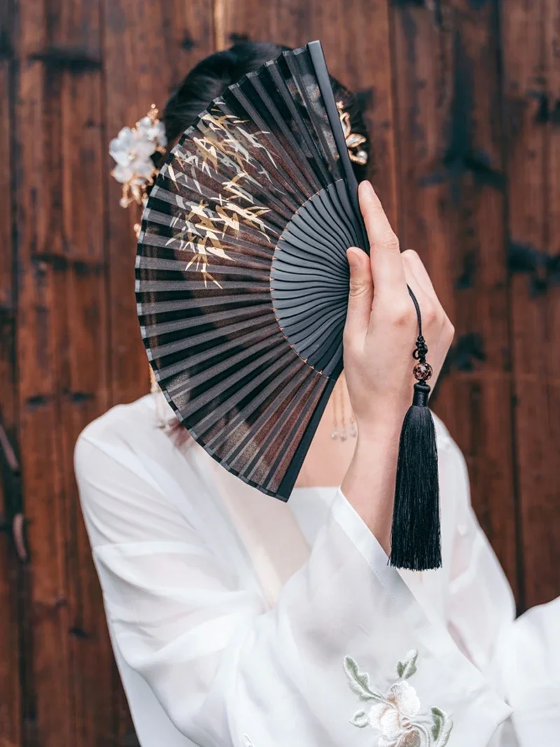 Original Black Silk  Folding Fan Chinese Style Ancient Style Bamboo Leaf Fan with Hanfu Cultural and Creative Gift