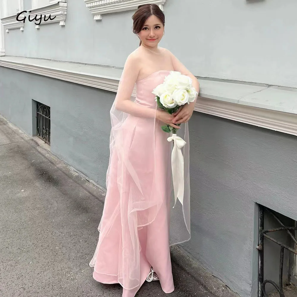 

Giyu Fairy Pink Korea Wedding Dress Photoshoot Strapless Detachable Tulle Shawl Floor-Length Evening Gown Dress