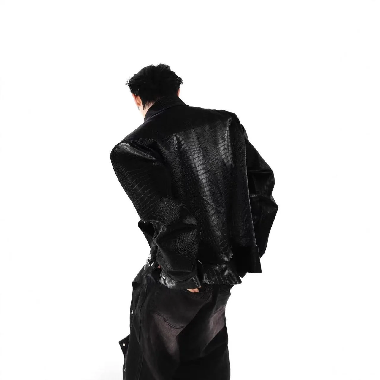 TIFICY Crocodile Patterned Shoulder Pad PU Leather Jacket Men's Patchwork Design High-end Black Jackets Top Men Clothing