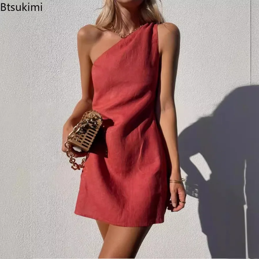 

2024 New Arrivals Women's Elegant Mini Dress Comfy Cotton Linen Solid Sleeveless Short Dresses Summer Slant Shoulder Dress Femme