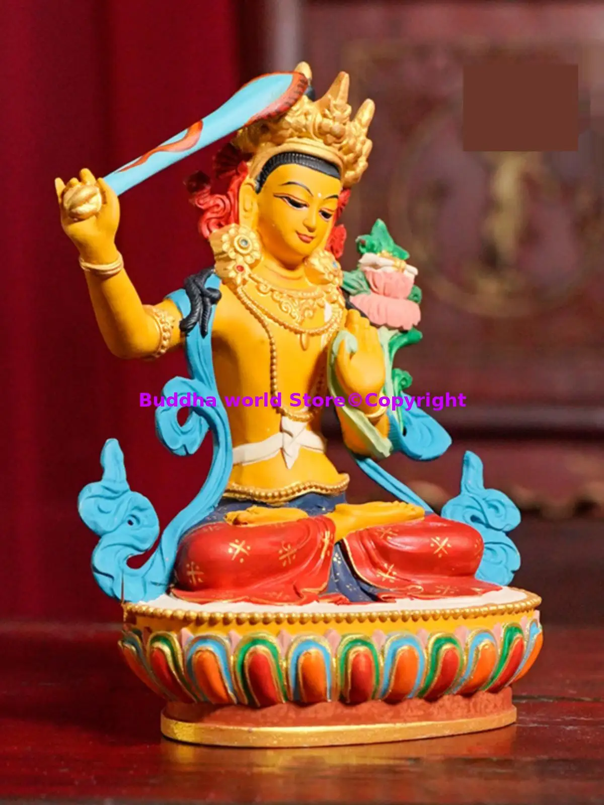 intangible heritage color painted figure of the Buddha Bodhisattva Manjusri 100% Handmade wood carved Buddha statue 13cm