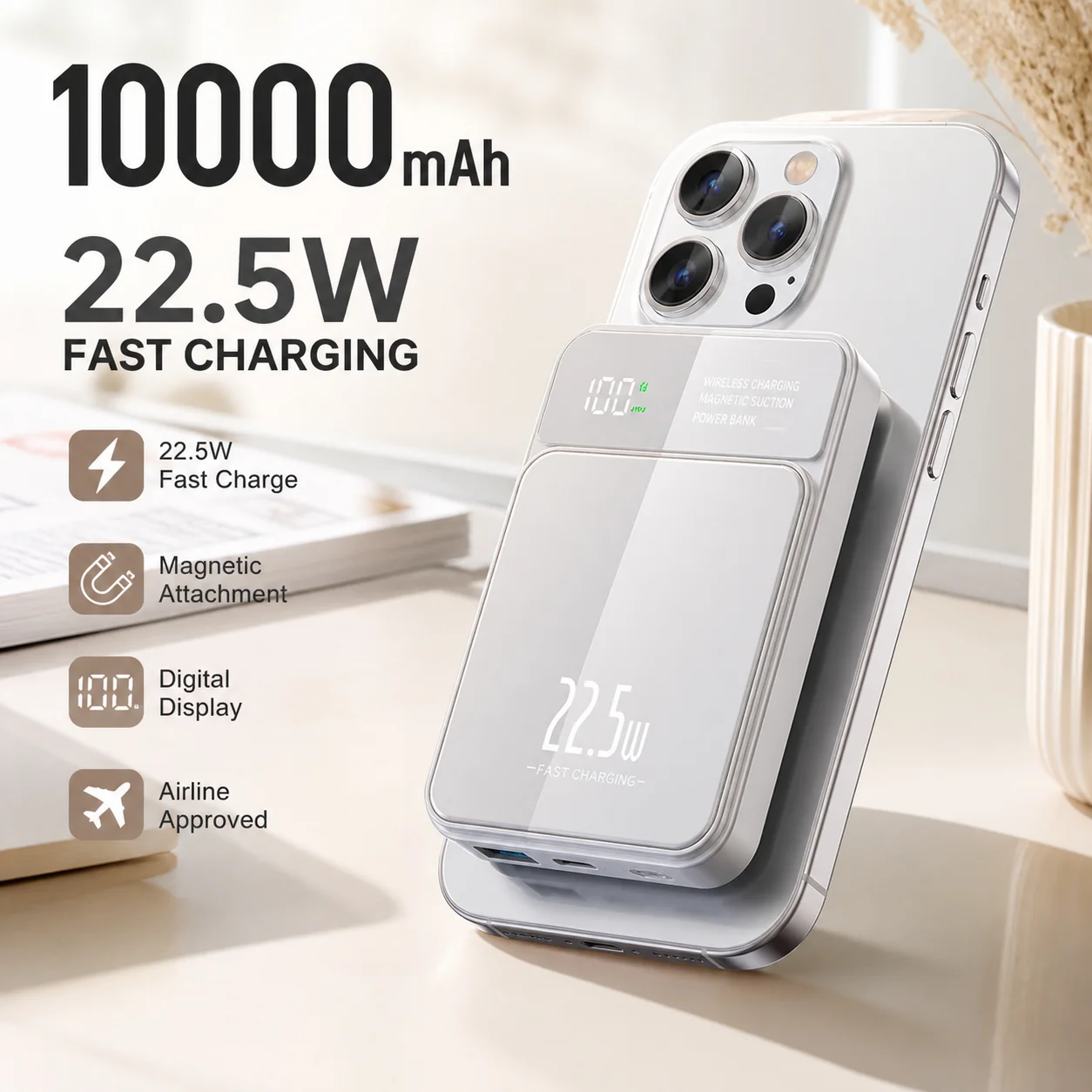 15W Magnetic Wireless Power Bank Portable Charger Digital Display External Battery Pack for iPhone Compatible Devices