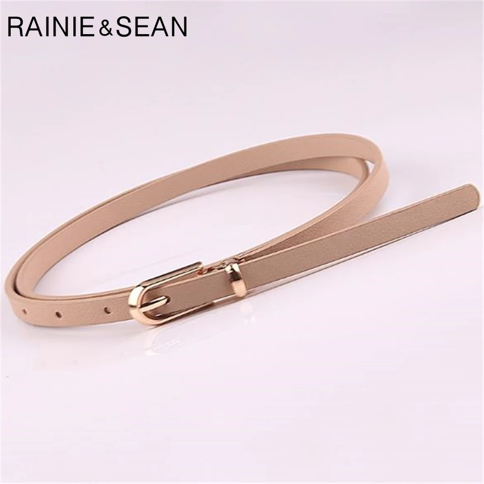 RAINIE SEAN Leather Dress Belt Woman Belts For Dress Candy Color Yellow Red Pink Brown PU Waist Thin Women\'s Belt Narrow Strap