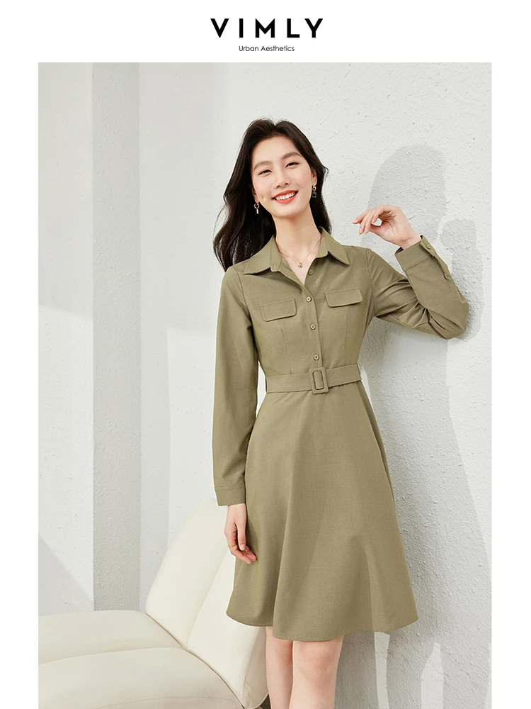 

Vimly Spring England Style Lapel A-line Shirt Dress Woman 2024 Casual Single Breasted Belt Long Sleeve Dresses Clothing M6111