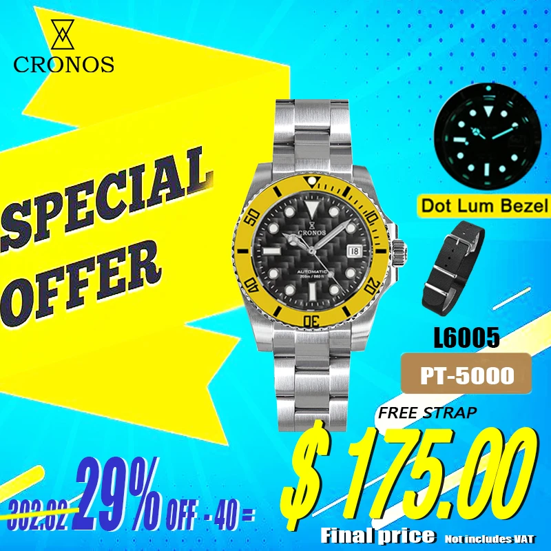 Cronos Diver Luxury Men's Watches Stainless Steel Flate Crystal Carbon Fiber Dial Brushed Bracelet Ceramic 20Bar Water Resistant