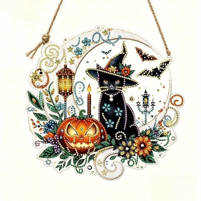 Halloween Wooden Hanging Sign – Magic Witch Riding Broom Design, Printed Decor for Door Window Garden Home Ornament
