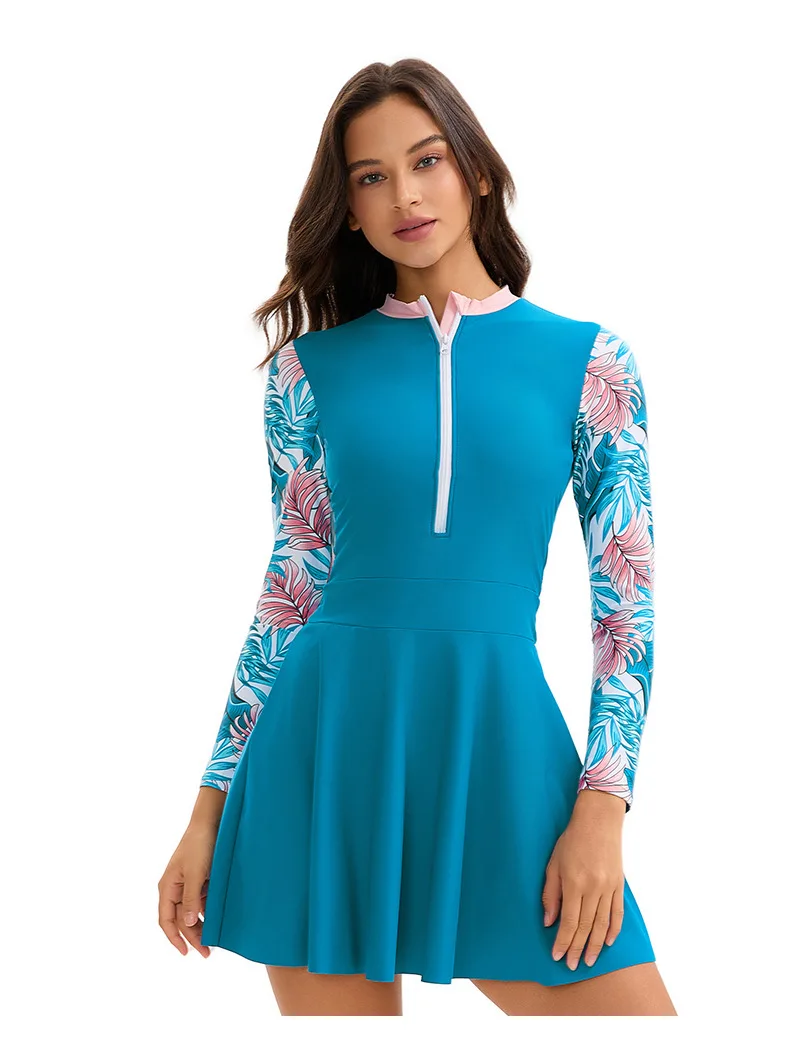 Women's Floral Long Sleeve Swim Dress UPF 50+ Rashguard Top High Waist Skirted Bottom Modest Two-Piece Swimsuit for Beach