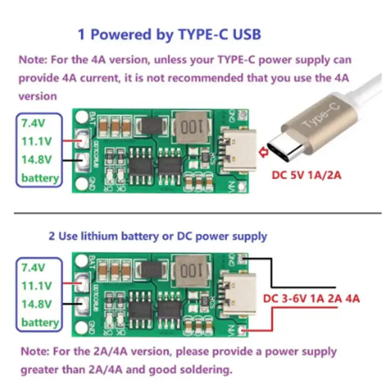 Multi-Cell 2S 3S 4S 18650 Lithium Battery Board Type-C 8.4V 12.6V 16.8V Step-Up Boost LiPo Polymer Li-Ion Charger 7.4V 11.1V