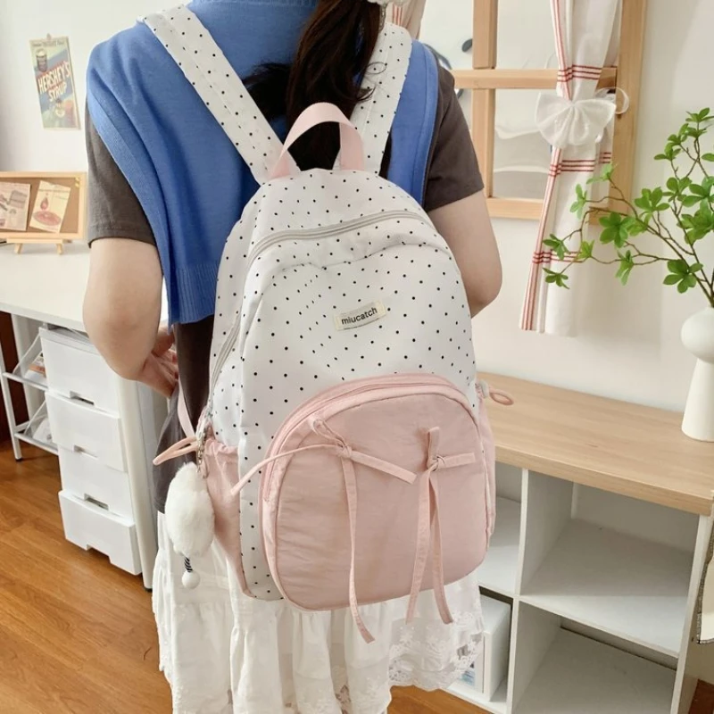 

Contrast Color Patchwork Women Sweet Dots Backpack Fashion Preppy Chic Bow Schoolbag New Kawaii Girls Y2k Backpacks for Students