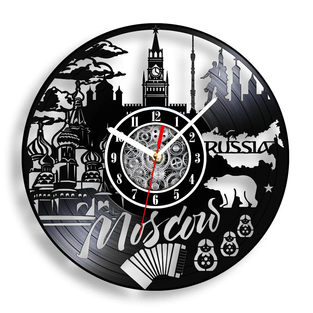 Moscow Cityscape Vinyl Record Wall Clock Russia Skyline Artwork Russian Landscapes Home Decor Clock Retro Music Album Wall Watch