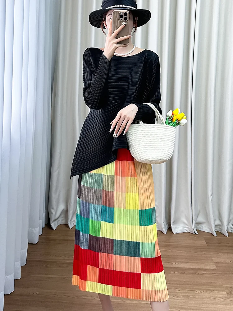 

Rainbow Print Asymmetrical Long Sleeve Pleated Skirt Summer Trend Loose Fit Silk Top Commute Style Simple Design