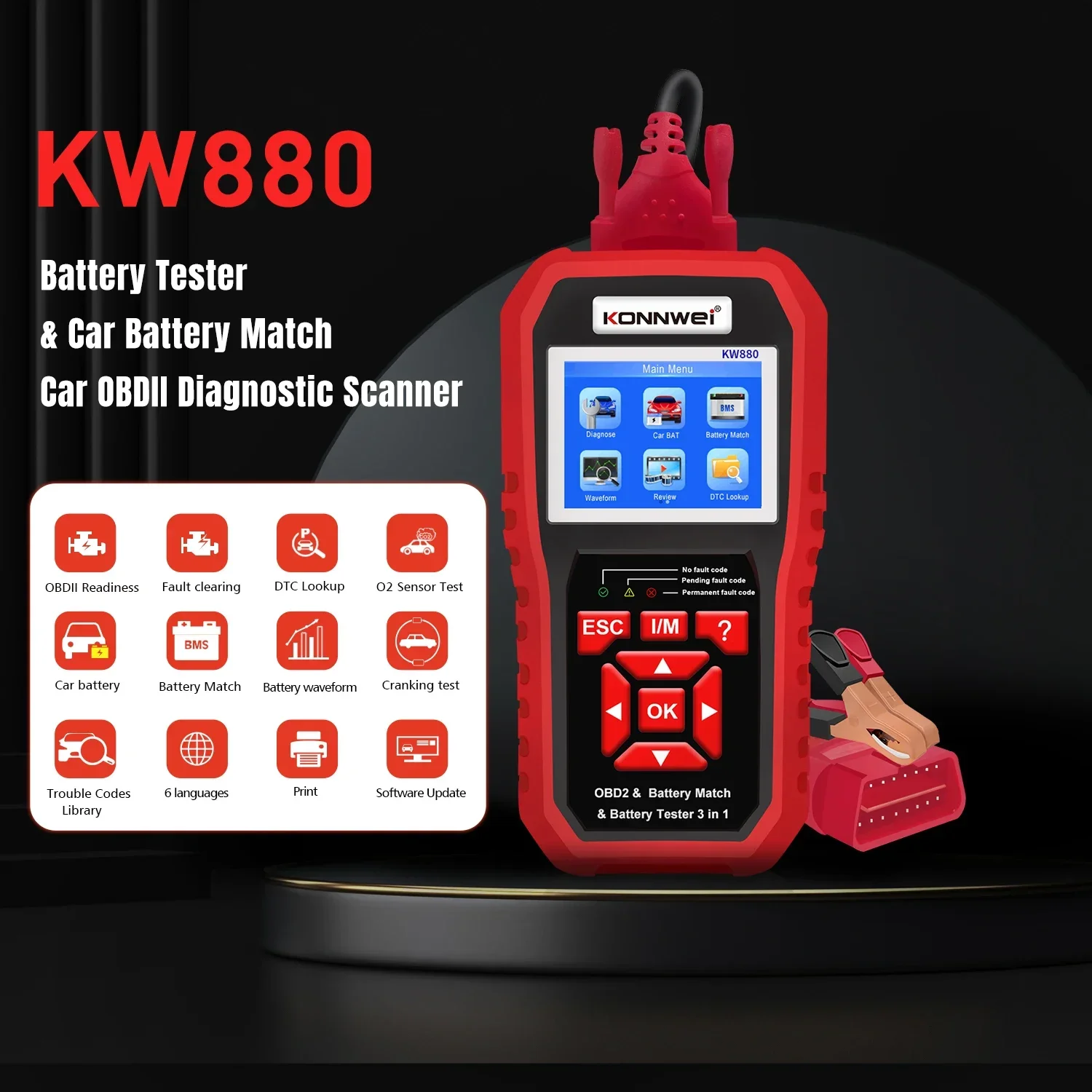 

KONNWEI KW880 12V Car Battery Tester Analizer Auto Diagnostic Tool Battery Match 3 in 1 Car OBD2 Scanner Full OBD2 Function