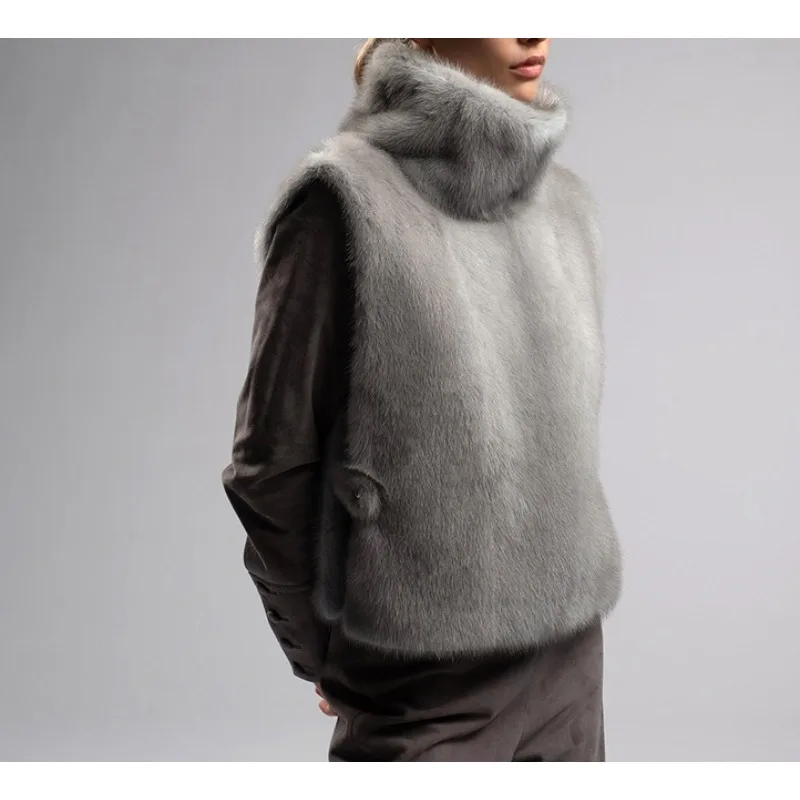 

Осень-зима 2025 г., новый теплый пушистый жилет без рукавов с пряжкой и высоким воротником, топ