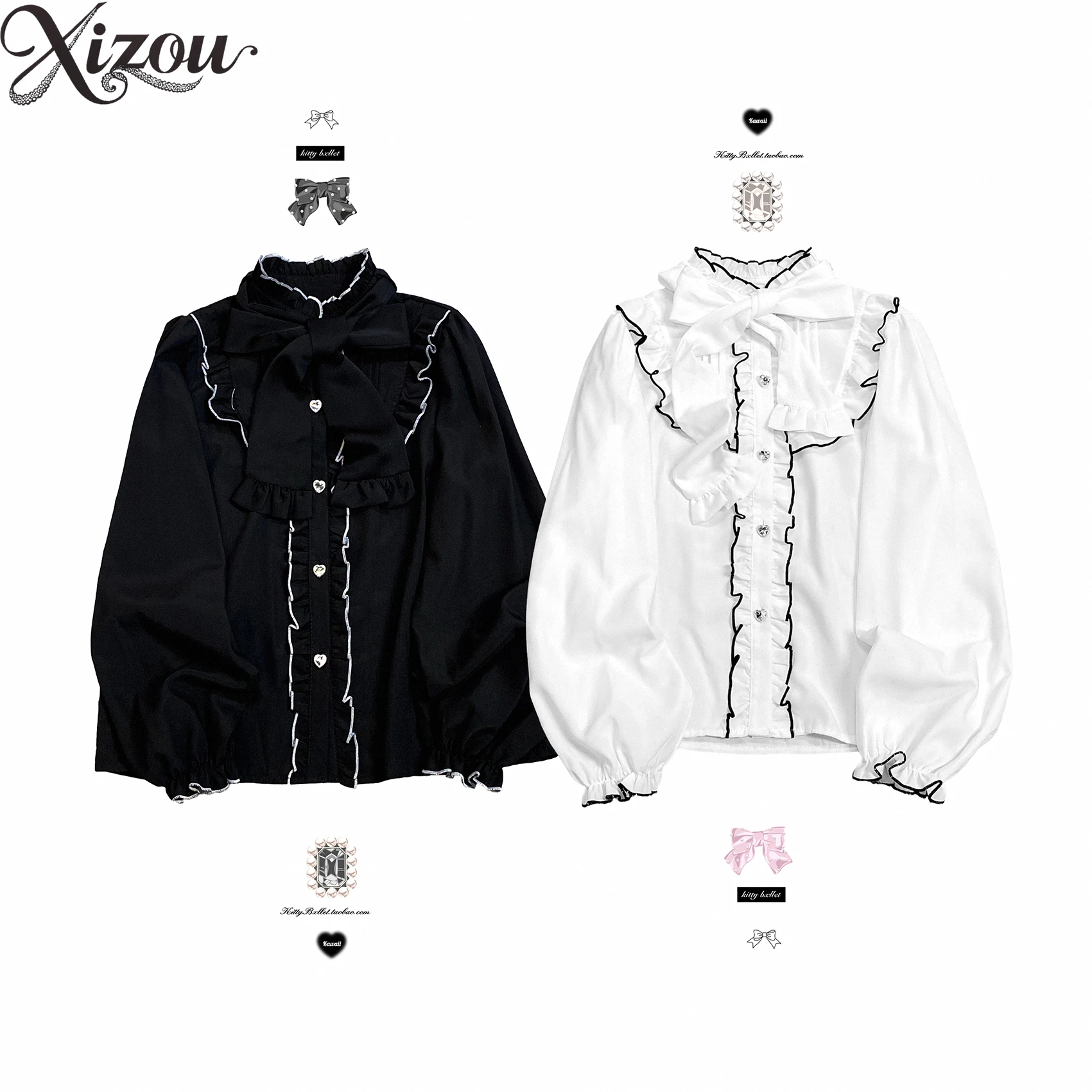 

Stand Neck Strap Love Buckle Casual Shirt Summer Womens Tops Sweet and Cute Short Sleeve Blouse Japanese Style Camisa Feminina