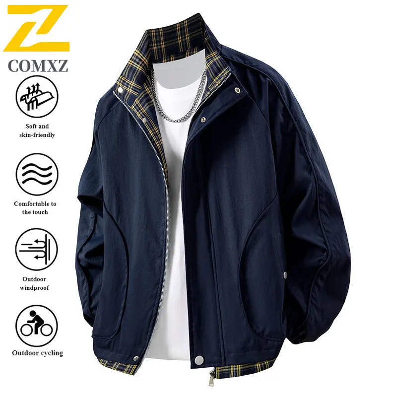 

EiAO Jacket American Plaid Workwear Men Women Stand Collar Colorblock Casual Coat Waterproof Windproof Flight Style Streetwear