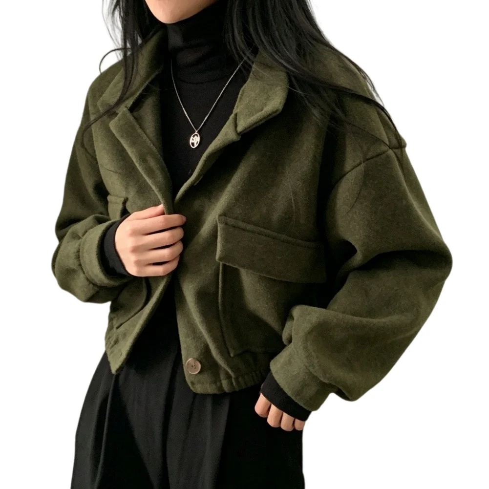Solid Color Womens Retro Stand Collar Button Jacket Wool Polyester Mix for Vacation Beach Cycling and Travel Wear