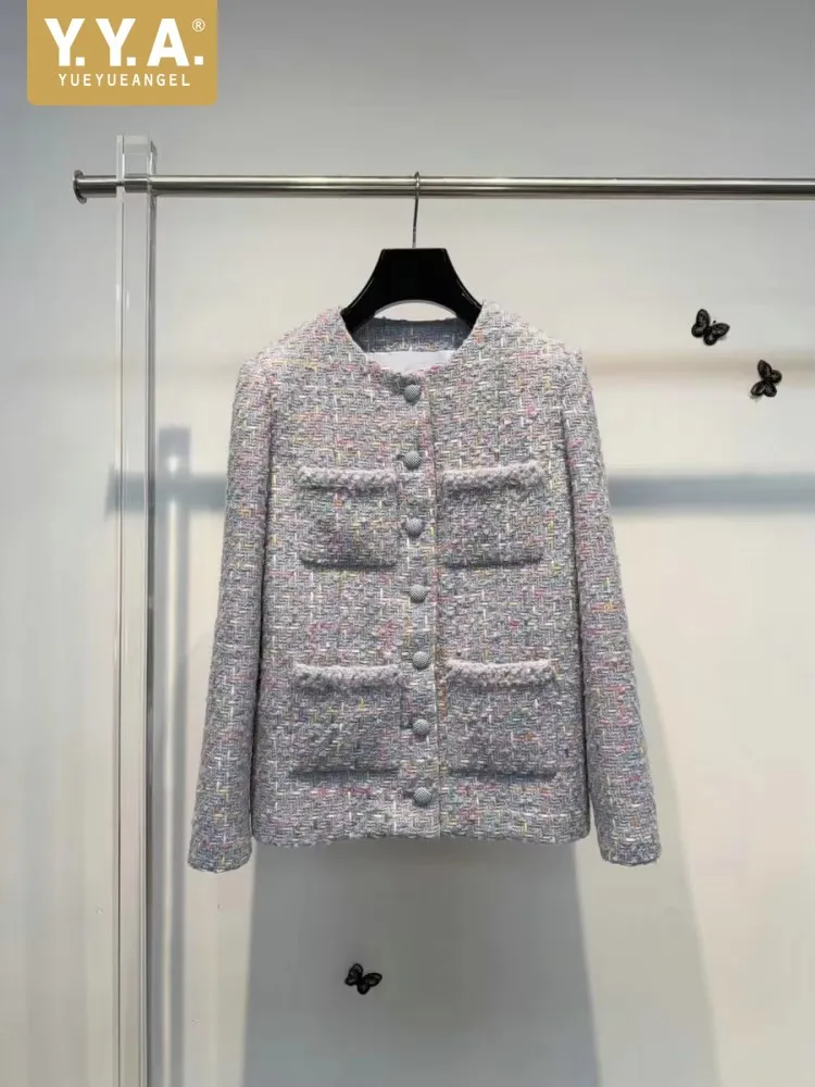 Autumn Work Ladies O Neck Tweed Jacket Women Wool Cardigan Jackets Fashion Long Sleeve Single Breasted Multi-Pocket Outerwear