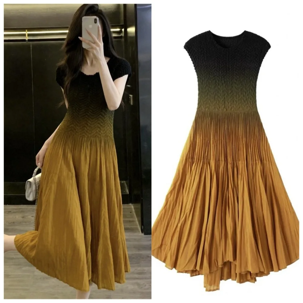 Miyake Pleated Gradient Color Print Dresses Plisse 2026 Summer New Embroidered Slim Fold Round Neck Sleeveless Patchwork Dress