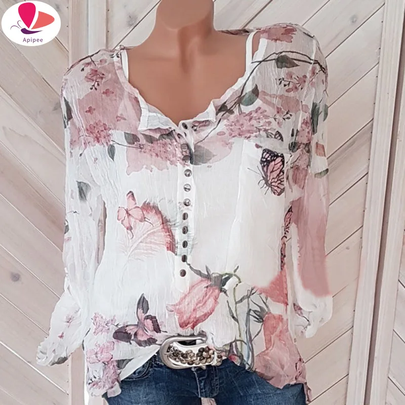 Blusa casual de gola V para mulheres, blusa de manga comprida para senhoras, camisa estampada com botão, outono