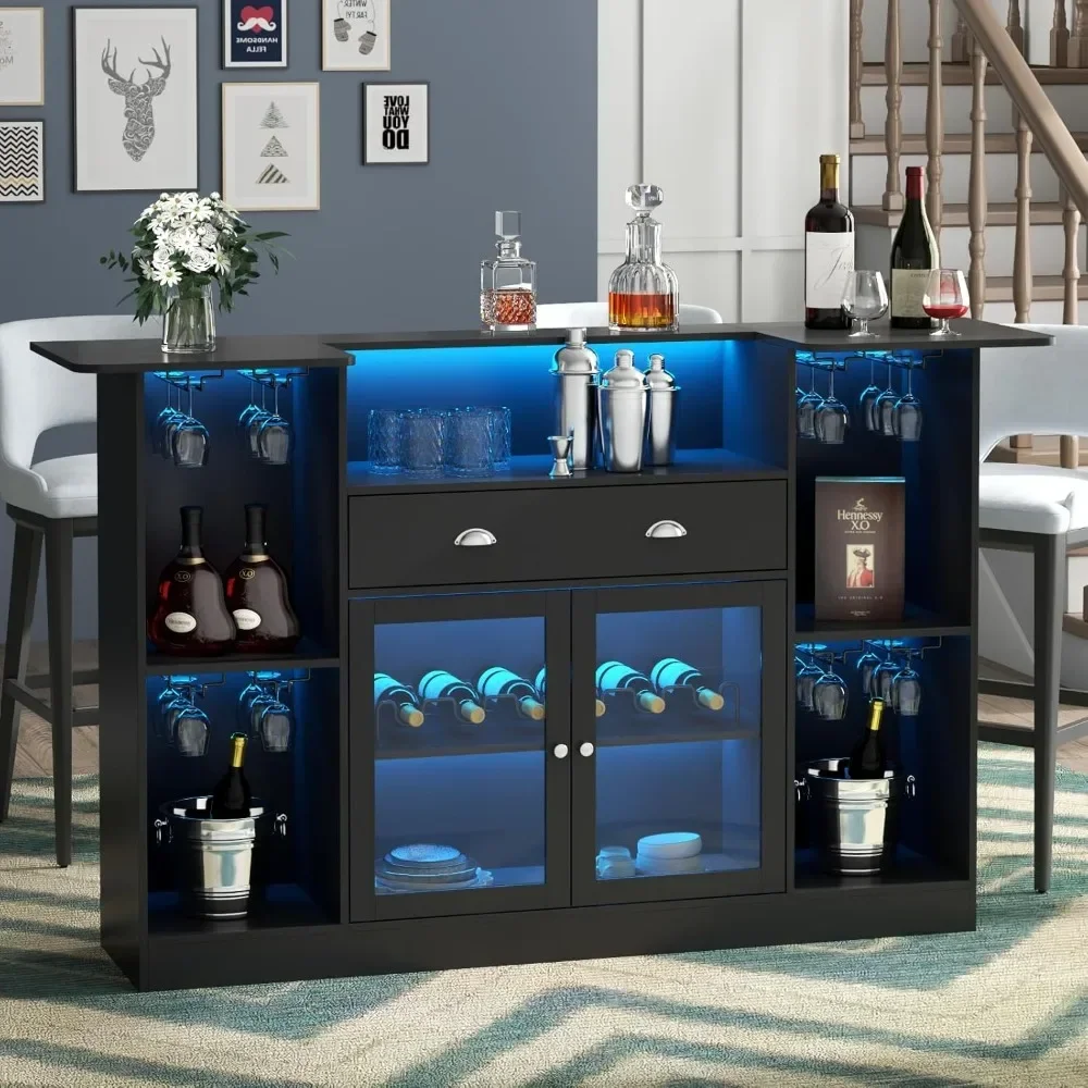 

Bar Table Cabinet with LED & Drawer, Mini Liquor Bar with 8-Tier Storage & Stemware Holder, Wine Alcohol Bar Stand