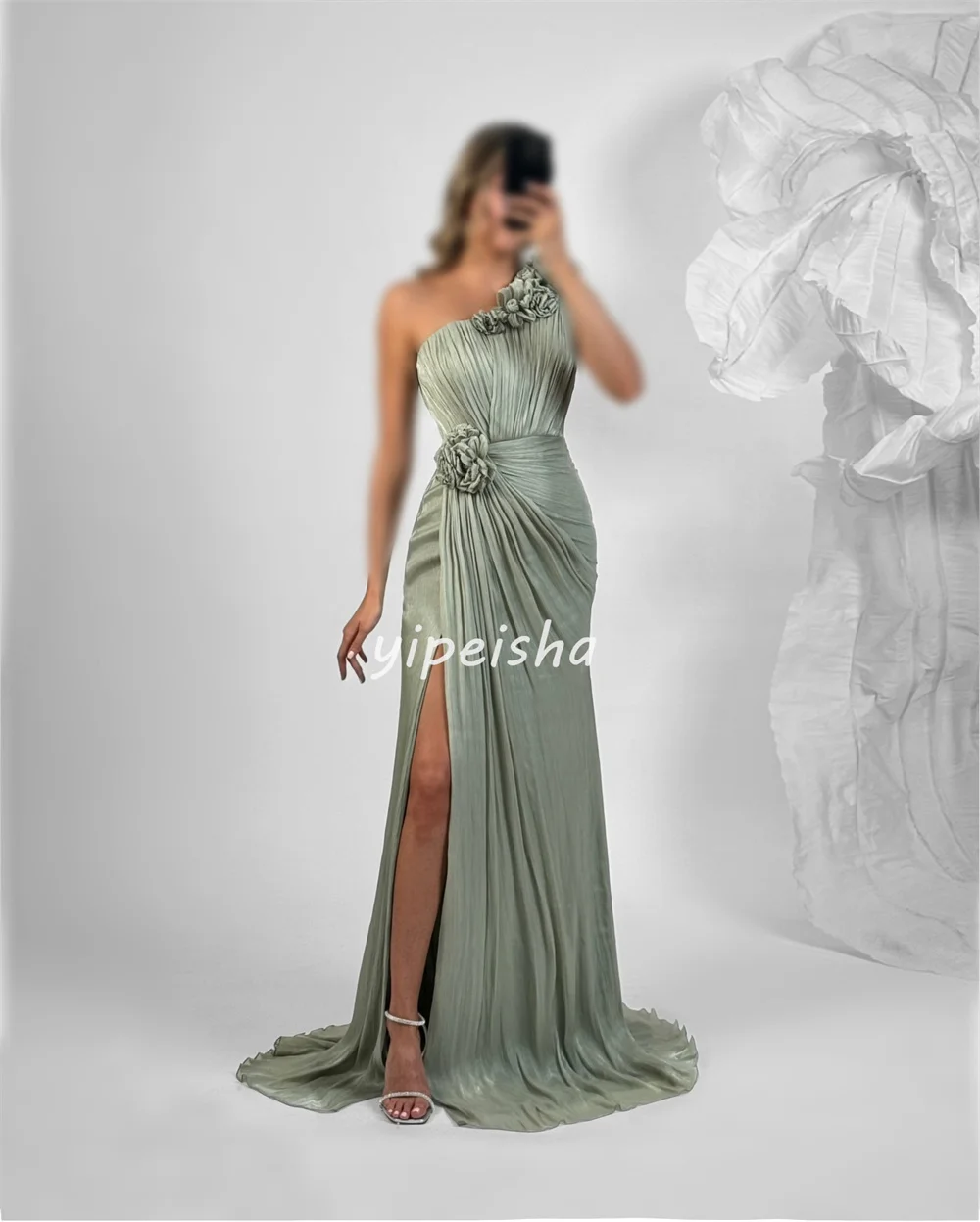 Vestidos largos de un solo hombro, rectos, fruncidos, con flores hechas a mano, estilo moderno personalizado, vestidos para ocasiones a medida, elegantes y sexys