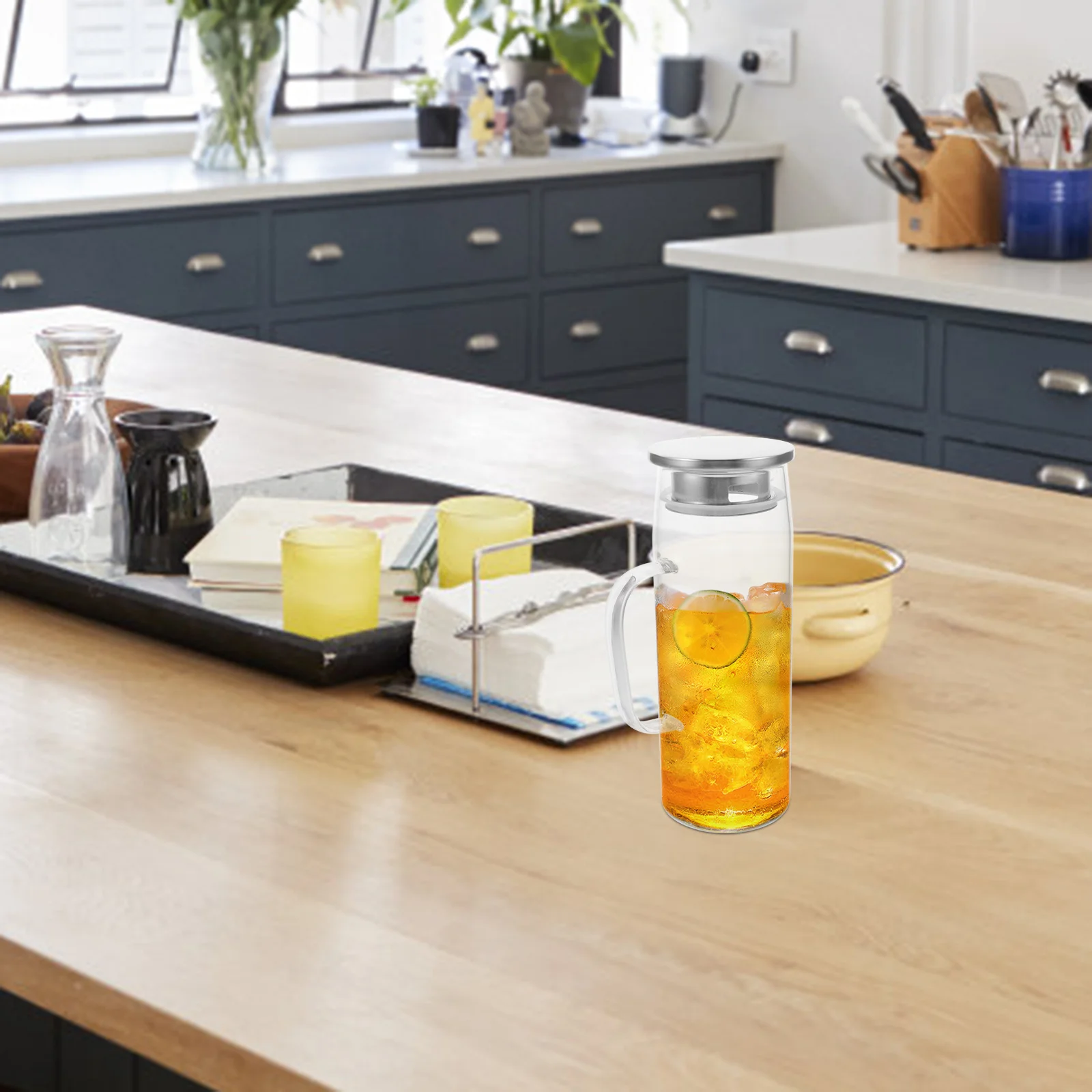 

Mikinona Glass Water Jug with Lid Stainless Steel Straight Pitcher for Tea Beer Cold Drinks