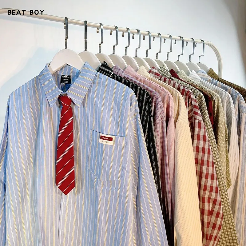 

American Retro College Style Striped Tie Long Sleeve Loose Casual Shirt Men Women Outerwear Breathable Cotton Summer Shirt