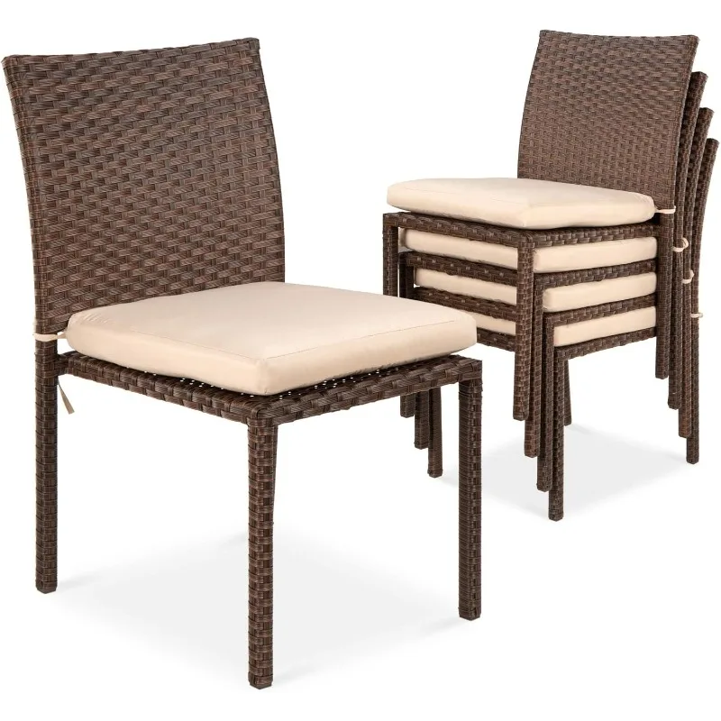 Stackable Outdoor Patio Wicker Chairs w/Cushions, UV-Resistant Finish, and Steel Frame - Brown/Cream