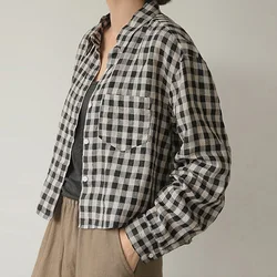 Women's Retro Cotton And Linen Plaid Shirt With Pockets 2024 Spring New Ladies Lapel Long-Sleeved Casual Linen Cardigan Shirts