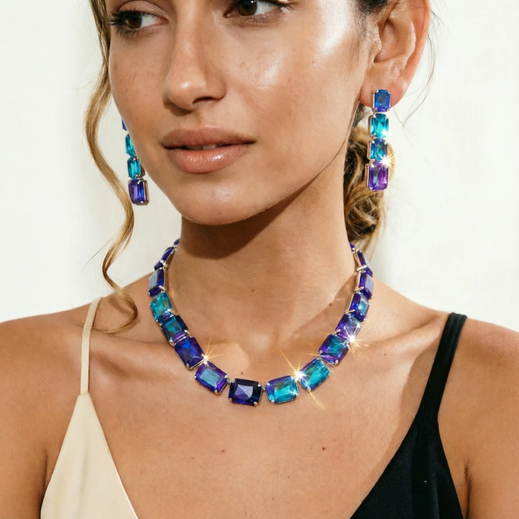 3pc Jewelry Set‌ Blue Crystal Necklace Bracelet Earrings Set for Women Girl Geometry Square Rhinestone Collar Accessories