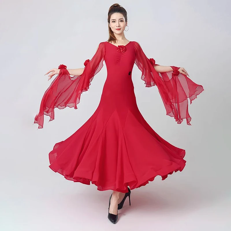 New Modern Dance Dress Elegant Flower Floating Sleeves Women Ballroom Dance Costume Big Swing  Party Waltz Performance Clothes