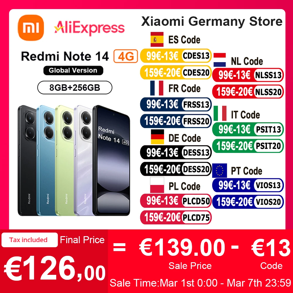 Globale Version Xiaomi Redmi Note 14 4G NFC Smartphone MediaTek Helio G99-Ultra 108MP AI Kamera 6,67" 120Hz Display 5500mAh 33W Turboladung MediaTek Helio G99-Ultra Corning Gorilla Glass 5 Sicherer