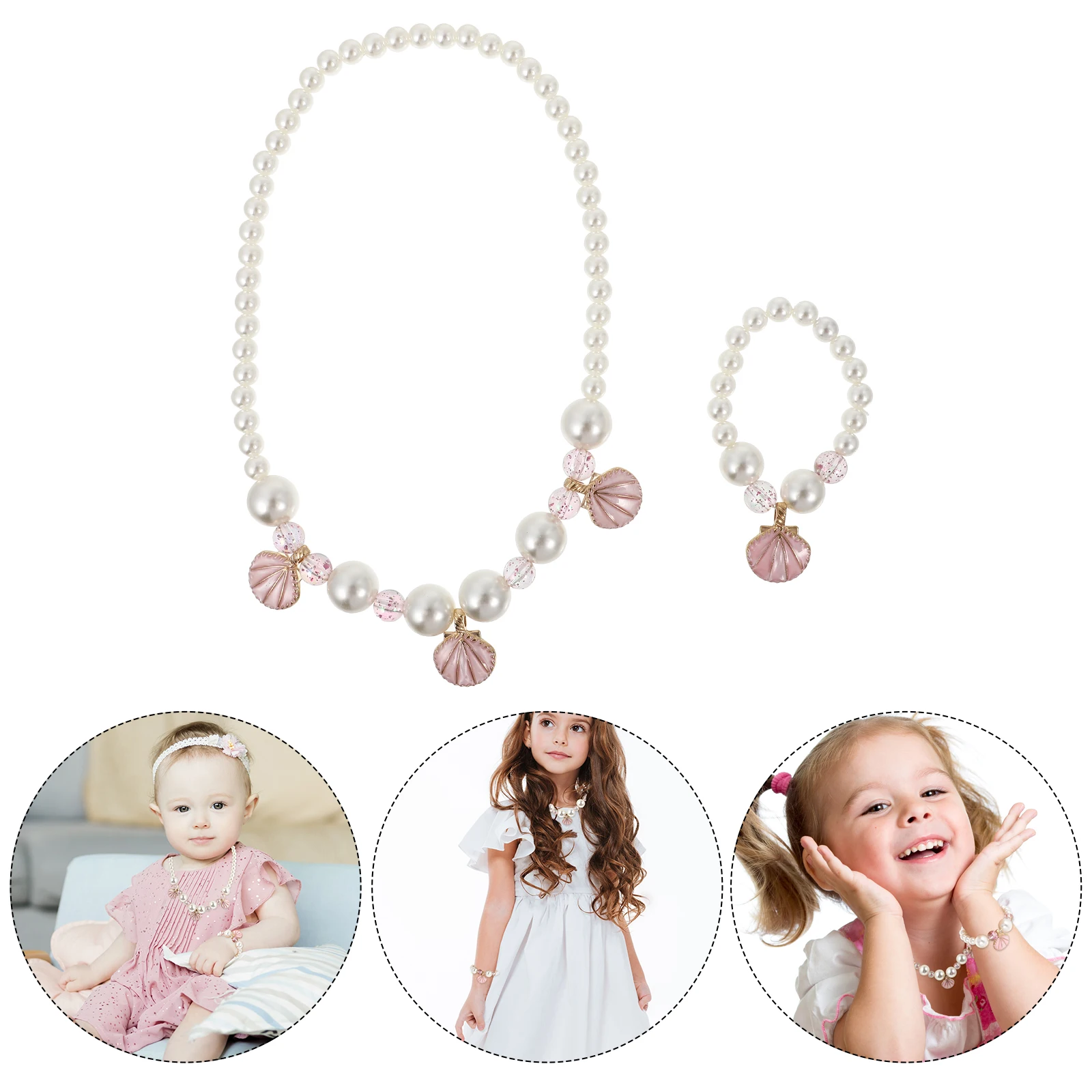 

Faux Pearl Necklace Bracelet Set Durable Kids Birthday Party Toddler Girl Jewelry Accessories Shell Simulated Necklace Bracelet