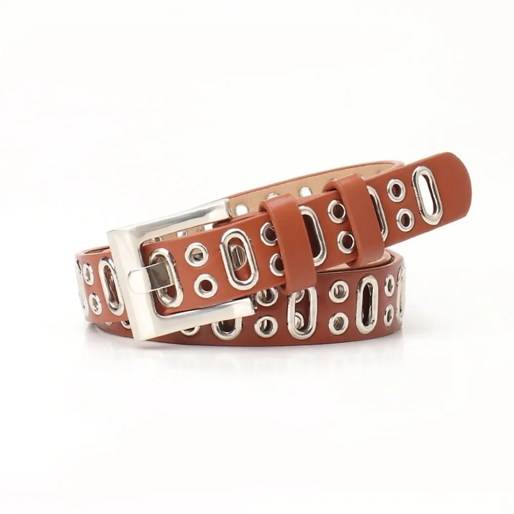 

Retro Alloy Buckle Oval Multihole Belt Jeans Decor Hollow PU Leather Waistband Vintage Hip-hop Unisex Belt Streetwear