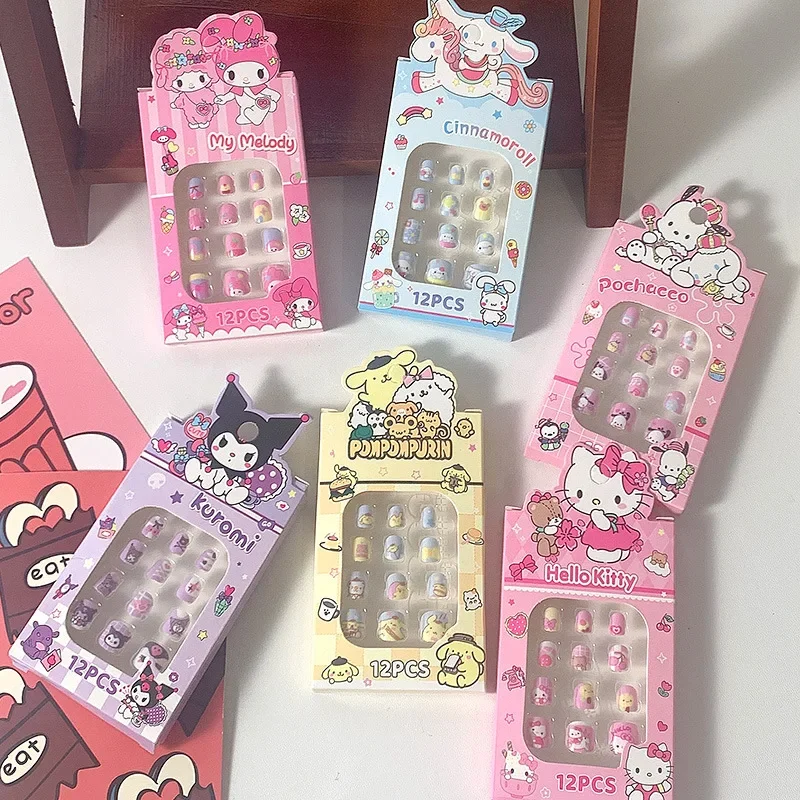 Sanrio Cartoon Kuromi Children's Nail Patch Kawaii Fake Nails Removable Handmade Wear Nail Exquisite Accessories Girl Toy Gift