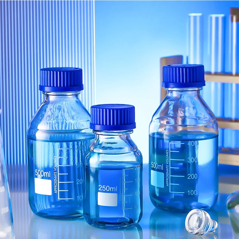 WESTTUNE 1Pcs 25-1000ml Brown/Clear Graduated Round Refillable Bottles Glass Media Storage Bottles with Blue GL45 Screw Caps