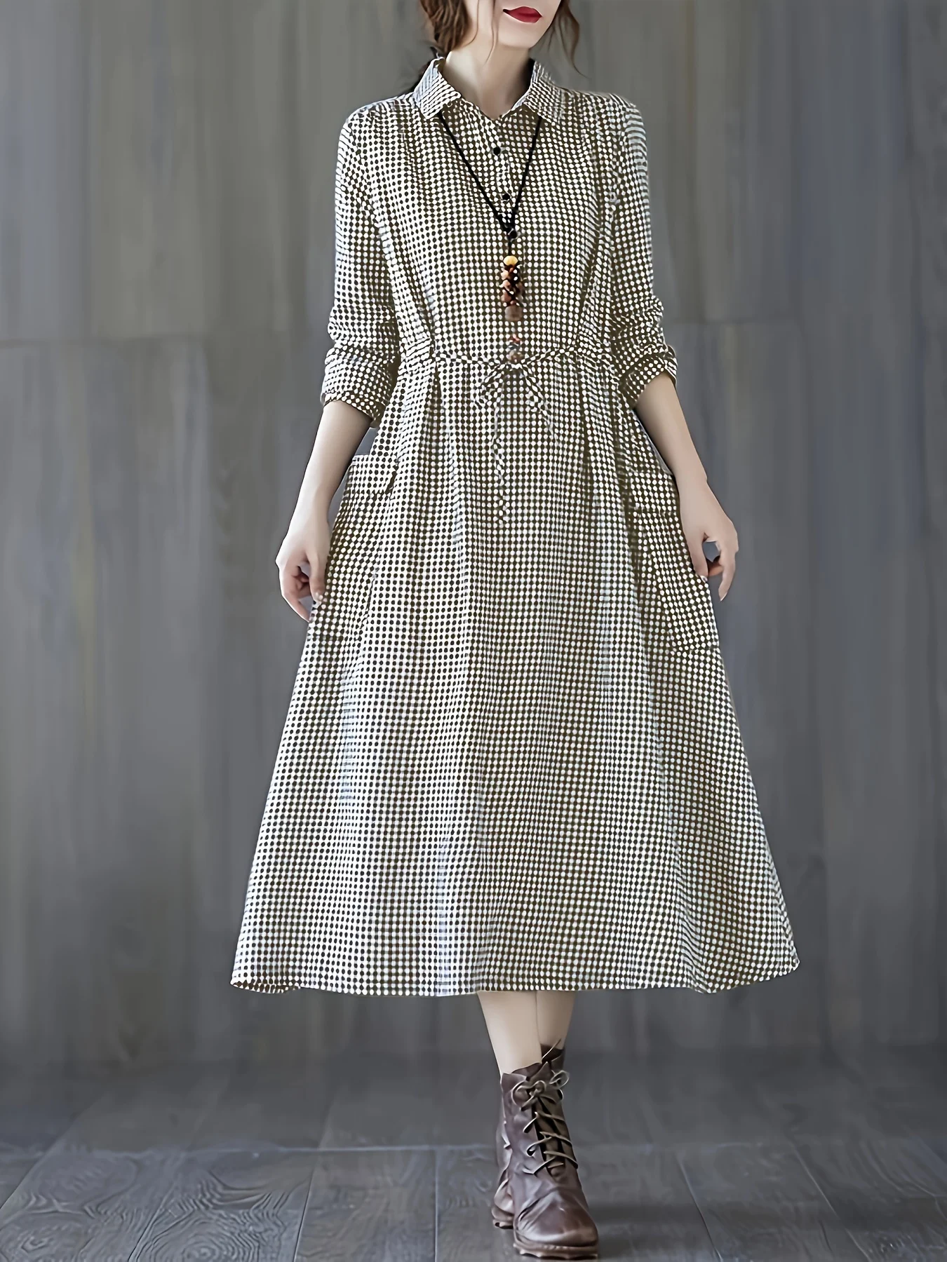 Black and white small plaid flip tie button waist closure large pocket long sleeved dress
